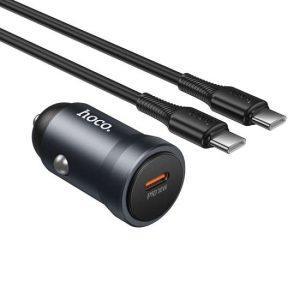 HOCO USB-C PD 30W Car Charger with Type-C to C Cable - Metal Grey